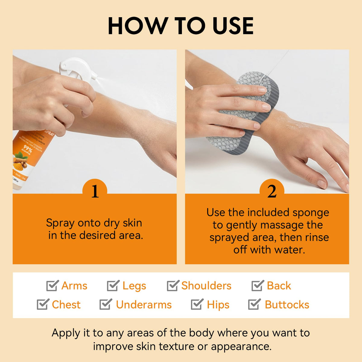 EELHOE Exfoliating spray with sponge demonstrates quick routine.
