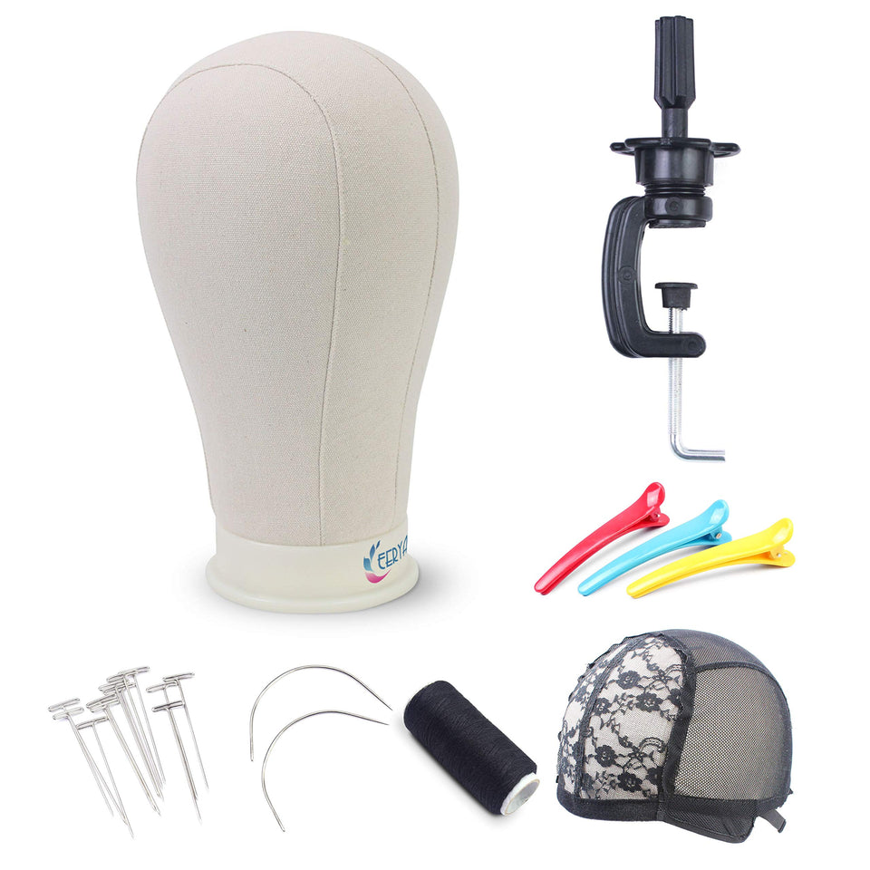 EERYA 21-inch wig head with canvas block surface for easy pinning.