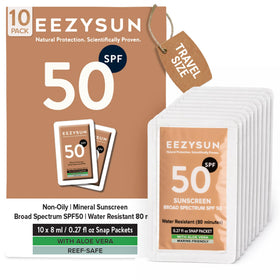 EEZYSUN snap packet mineral sunscreen provides portable SPF 50 protection for travel