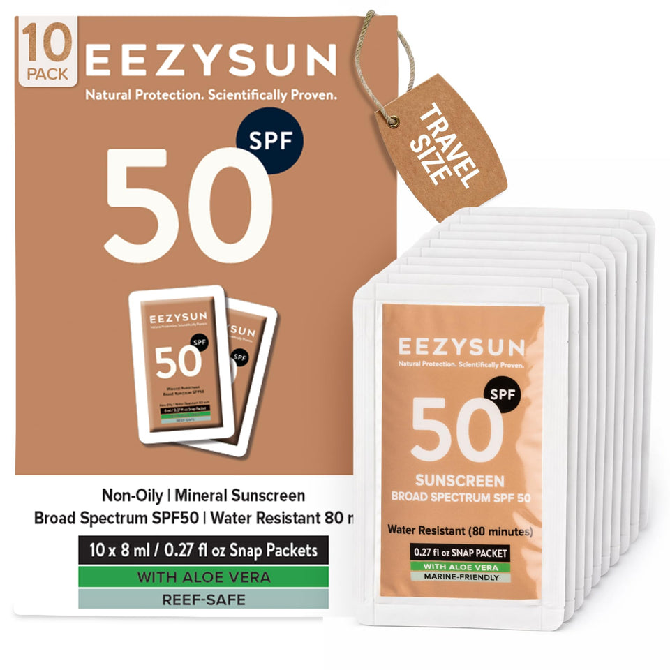 EEZYSUN snap packet mineral sunscreen provides portable SPF 50 protection for travel