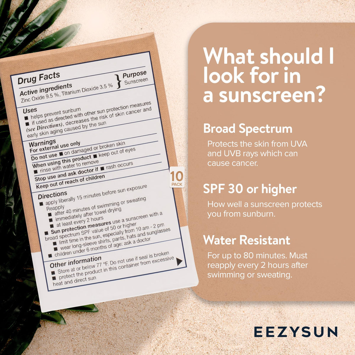 Compact EEZYSUN snap packet shows on-the-go SPF 50 protection for daily use