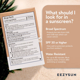 Compact EEZYSUN snap packet shows on-the-go SPF 50 protection for daily use