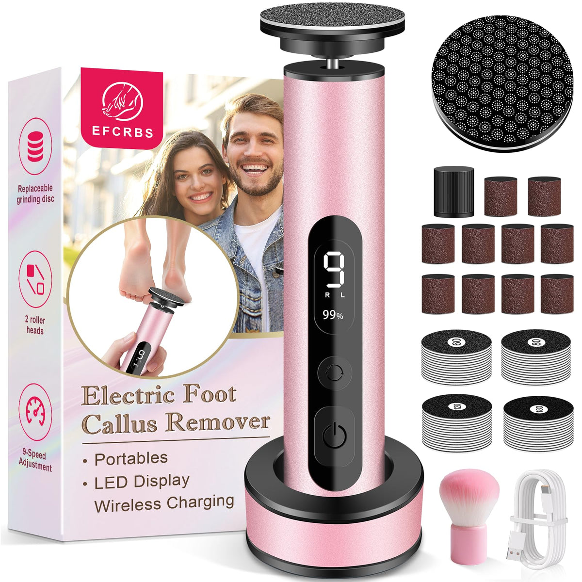 EFCRBS foot callus remover with LED display showing battery level
