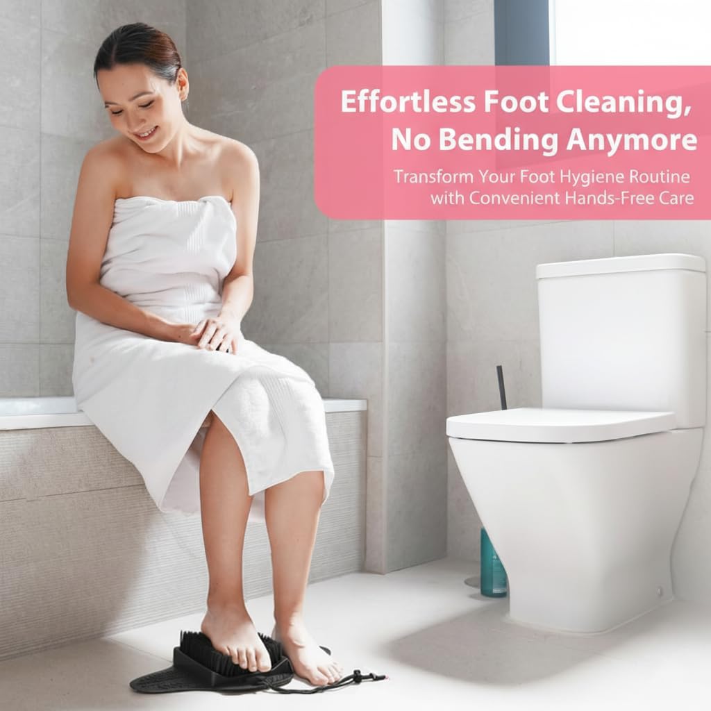 Efforest foot scrubber in shower demonstrates easy upright foot care.