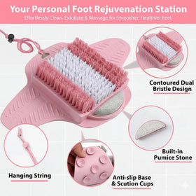 Efforest pink scrubber in shower showing non-slip suction cup stability