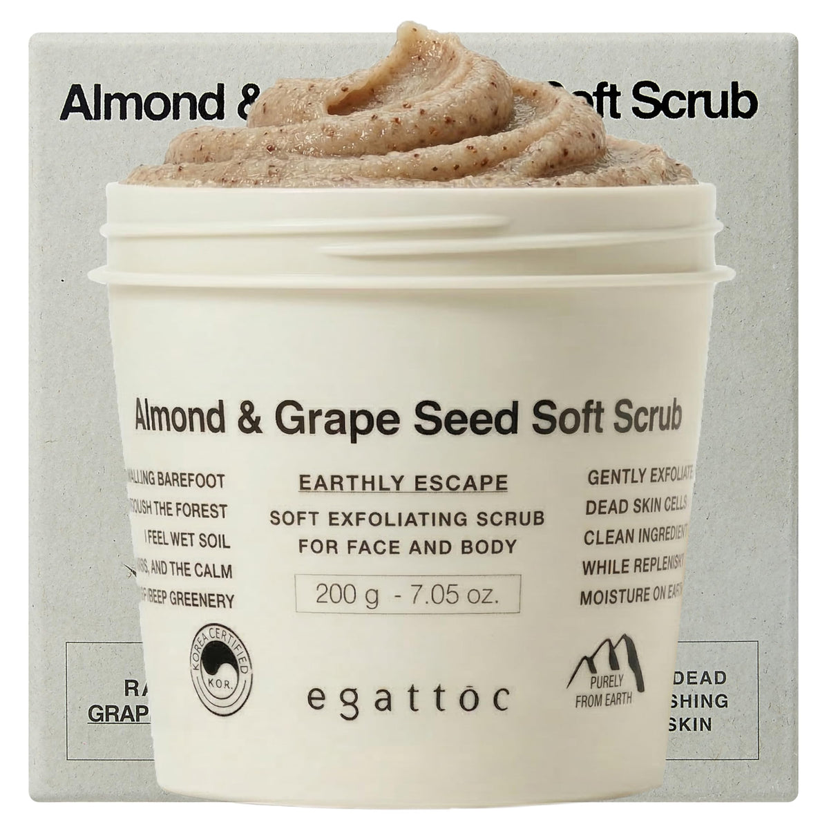 EGATTOC foaming body scrub with almond-grape seed exfoliation for smooth dry skin.