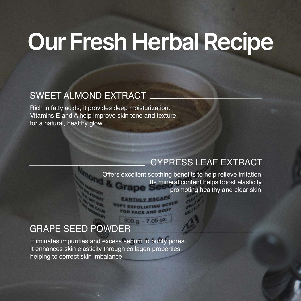 EGATTOC forest-therapy-exfoliation with sugar-grape seed exfoliant removing rough patches visible.