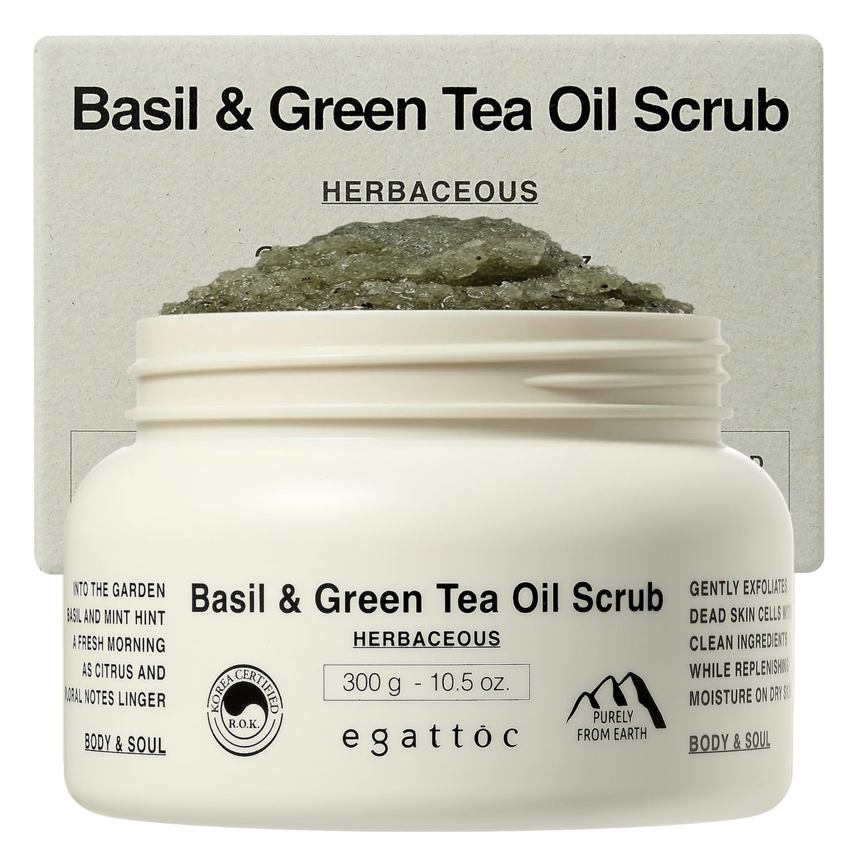 EGATTOC Himalayan salt body scrub bottle with basil green tea aroma for a revitalizing cleanse.