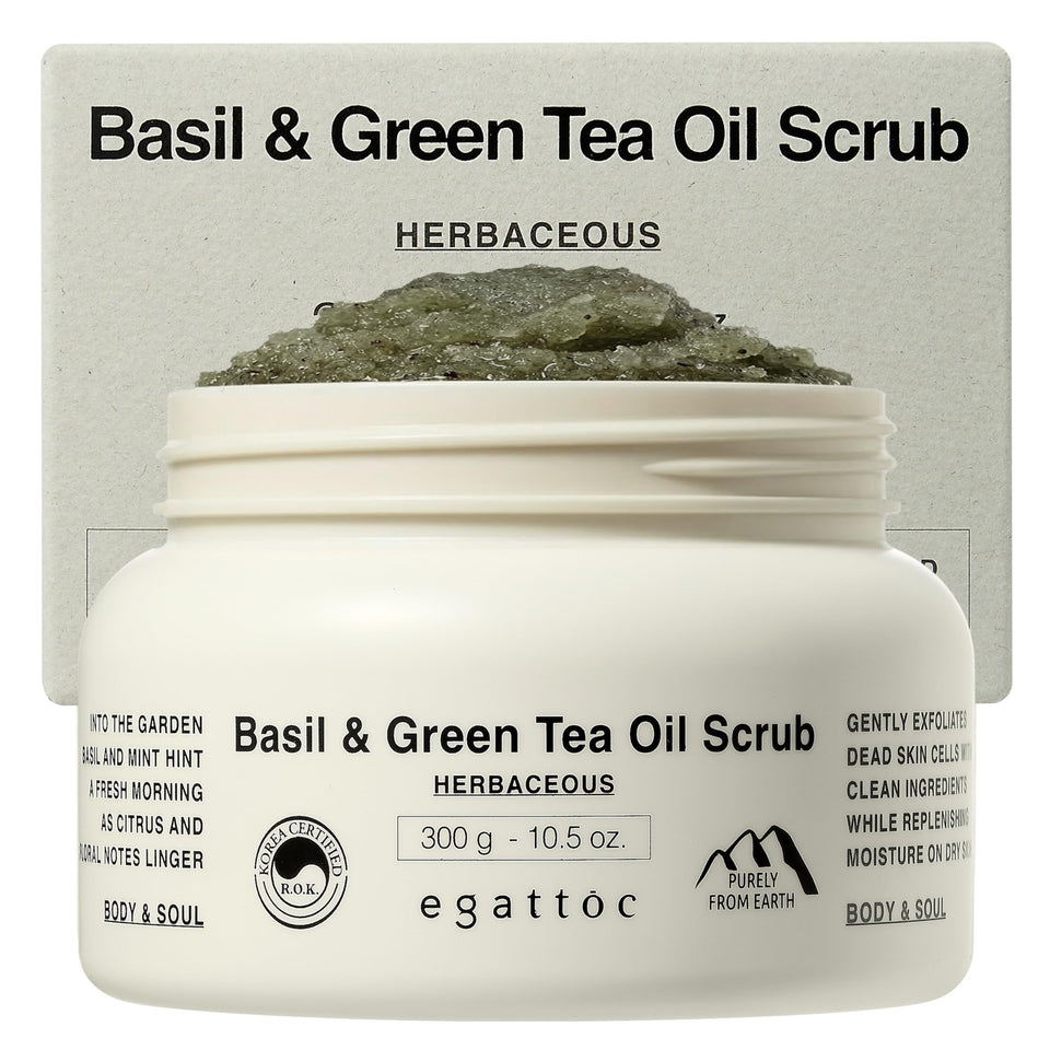 EGATTOC Himalayan salt body scrub bottle with basil green tea aroma for a revitalizing cleanse.