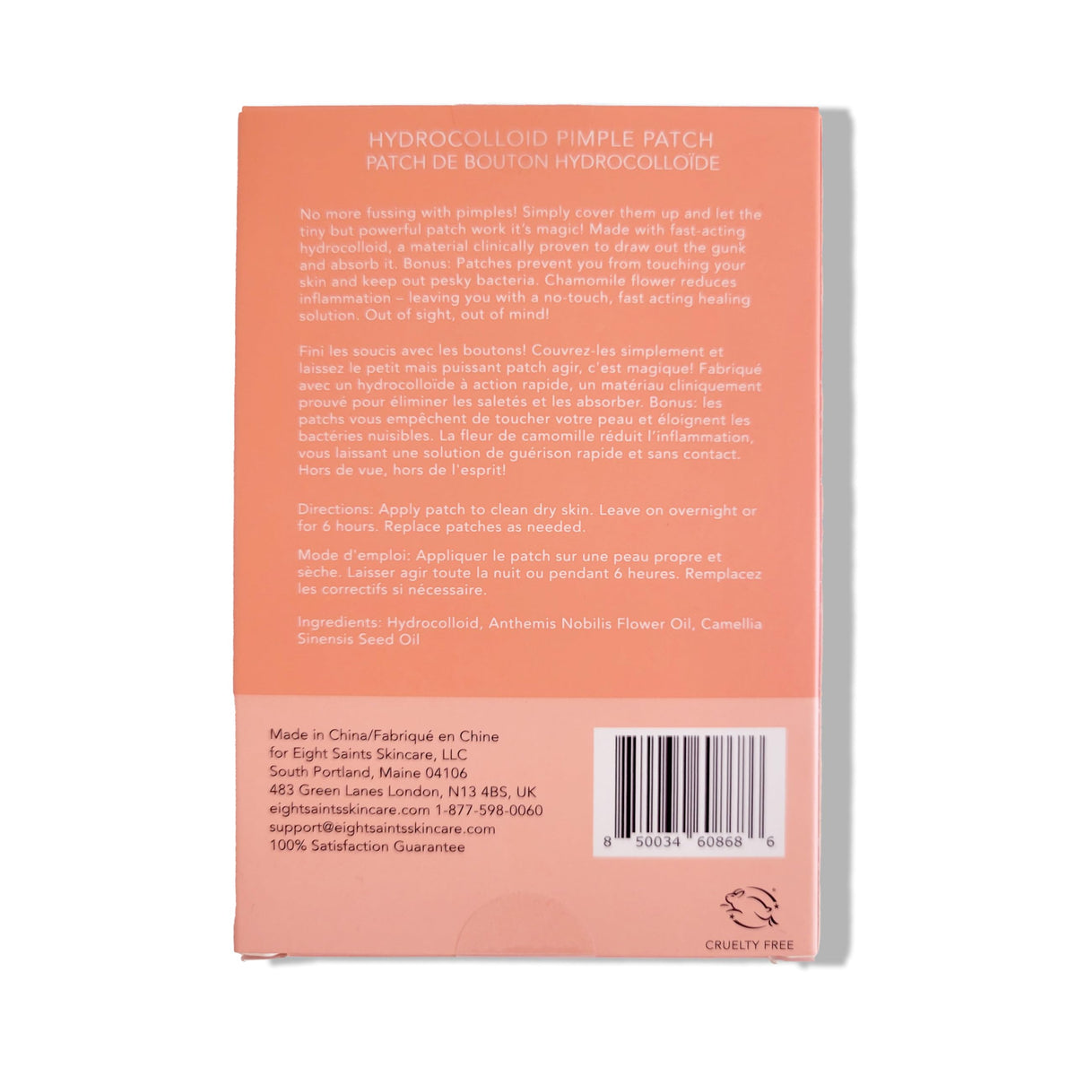 Eight Saints Hit the Spot ingredients label highlights chamomile and green tea for calm redness.