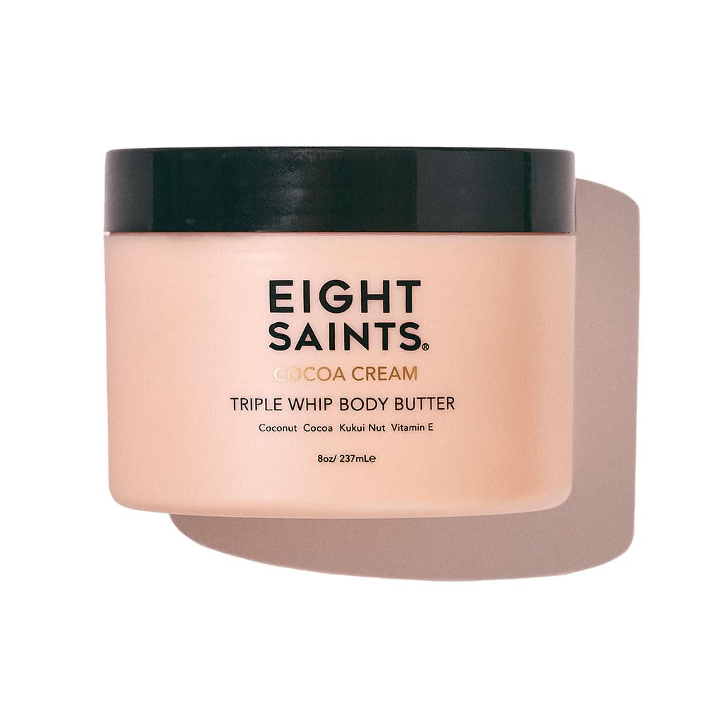 Eight Saints Cocoa Creme bottle front, delivers deep hydration for daily use.