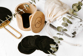 Eira Vancouver bamboo storage container keeps pads organized on vanity