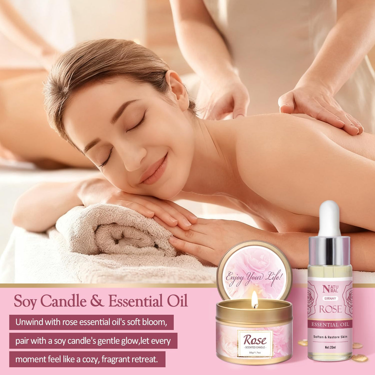 EIRNAY Essential Oil bottle to add a rose aroma and calm ambiance.
