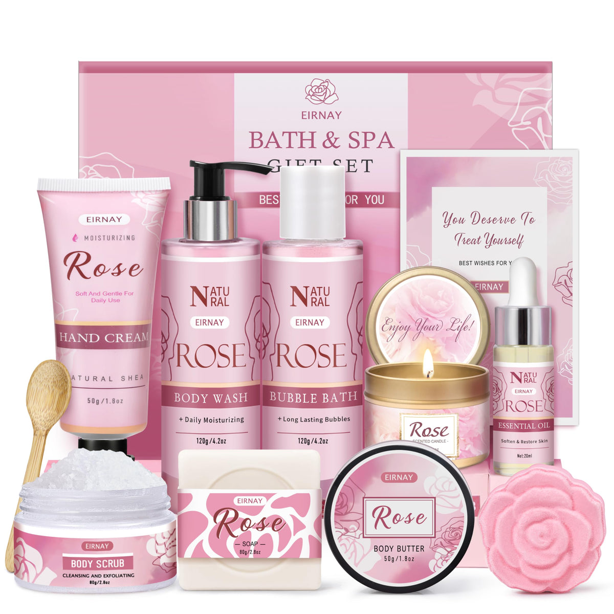 EIRNAY Rose Spa Gift Basket with self-care items for at-home pampering.