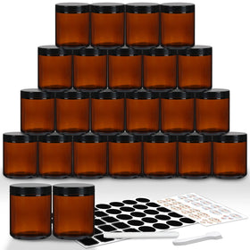 EkkoVla amber round jar with 8 oz capacity and airtight black lid.