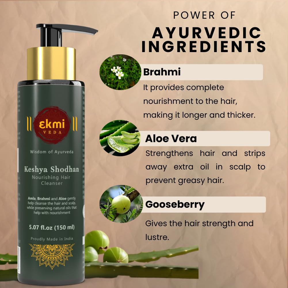 EKMIVEDA amla-brahmi-jatamansi components promote follicle strength and hair vitality.