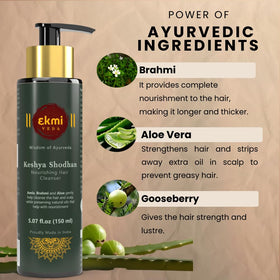 EKMIVEDA amla-brahmi-jatamansi components promote follicle strength and hair vitality.