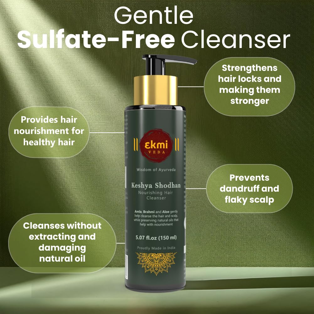EKMIVEDA Ayurvedic ingredients featuring bhringraj, reetha, and shikakai for hair health.