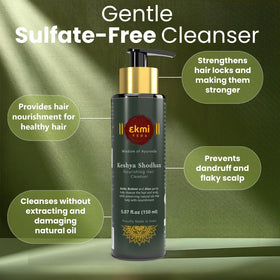 EKMIVEDA Ayurvedic ingredients featuring bhringraj, reetha, and shikakai for hair health.