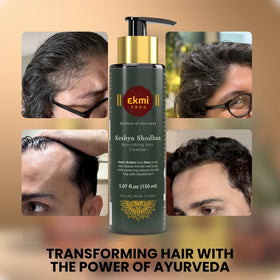 Scalp massage scene with EKMIVEDA shampoo demonstrating a gentle cleansing routine.