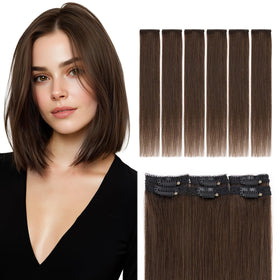 Elailite short clip-in extensions in dark brown 10 inch blend naturally with added volume