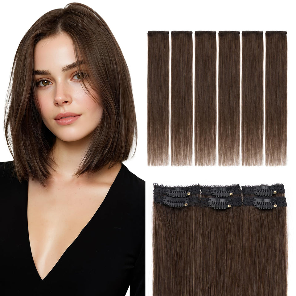 Elailite short clip-in extensions in dark brown 10 inch blend naturally with added volume