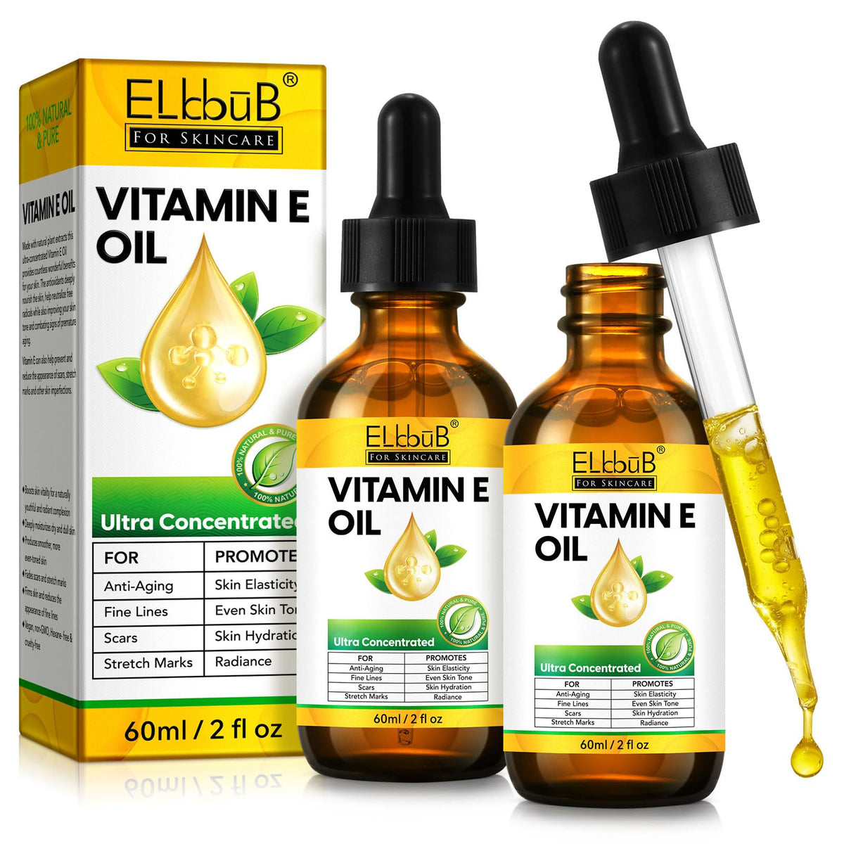 ELBBUB Premium Vitamin E Oil bottle close-up showing hydration-ready formula