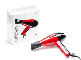 Elchim 2001 close-up of sleek red-black finish and controls