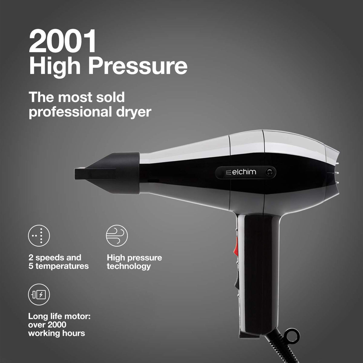 Elchim Classic 2001 concentrator nozzle enables targeted airflow for smooth, salon-ready results.