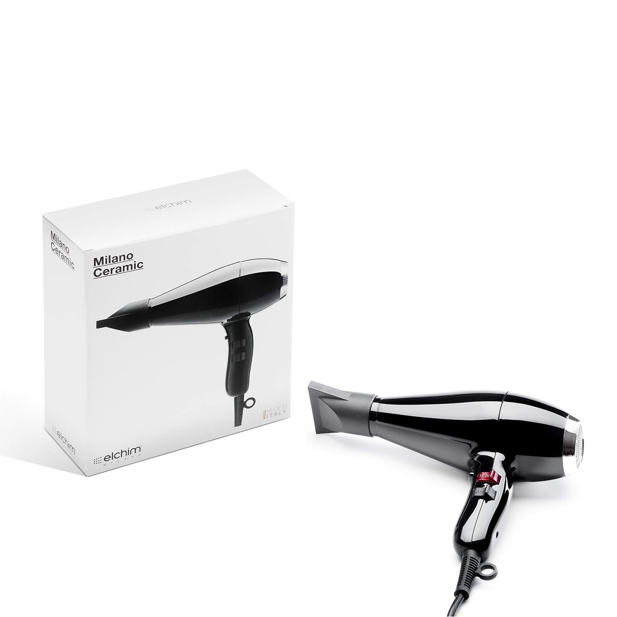 Elchim Milano black nozzle in action, delivering consistent airflow during drying.
