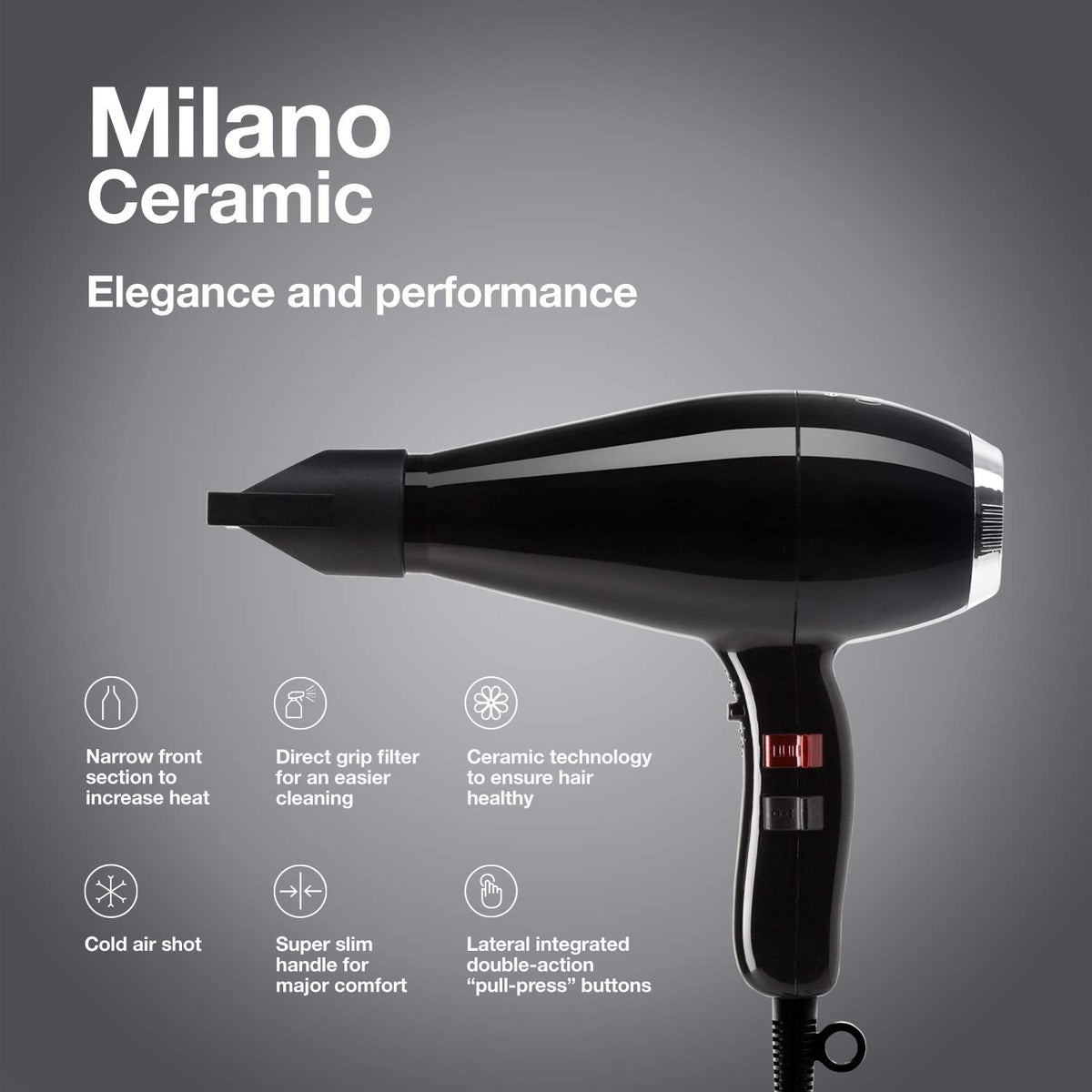 Elchim Milano black side view, ergonomic design for comfortable styling.