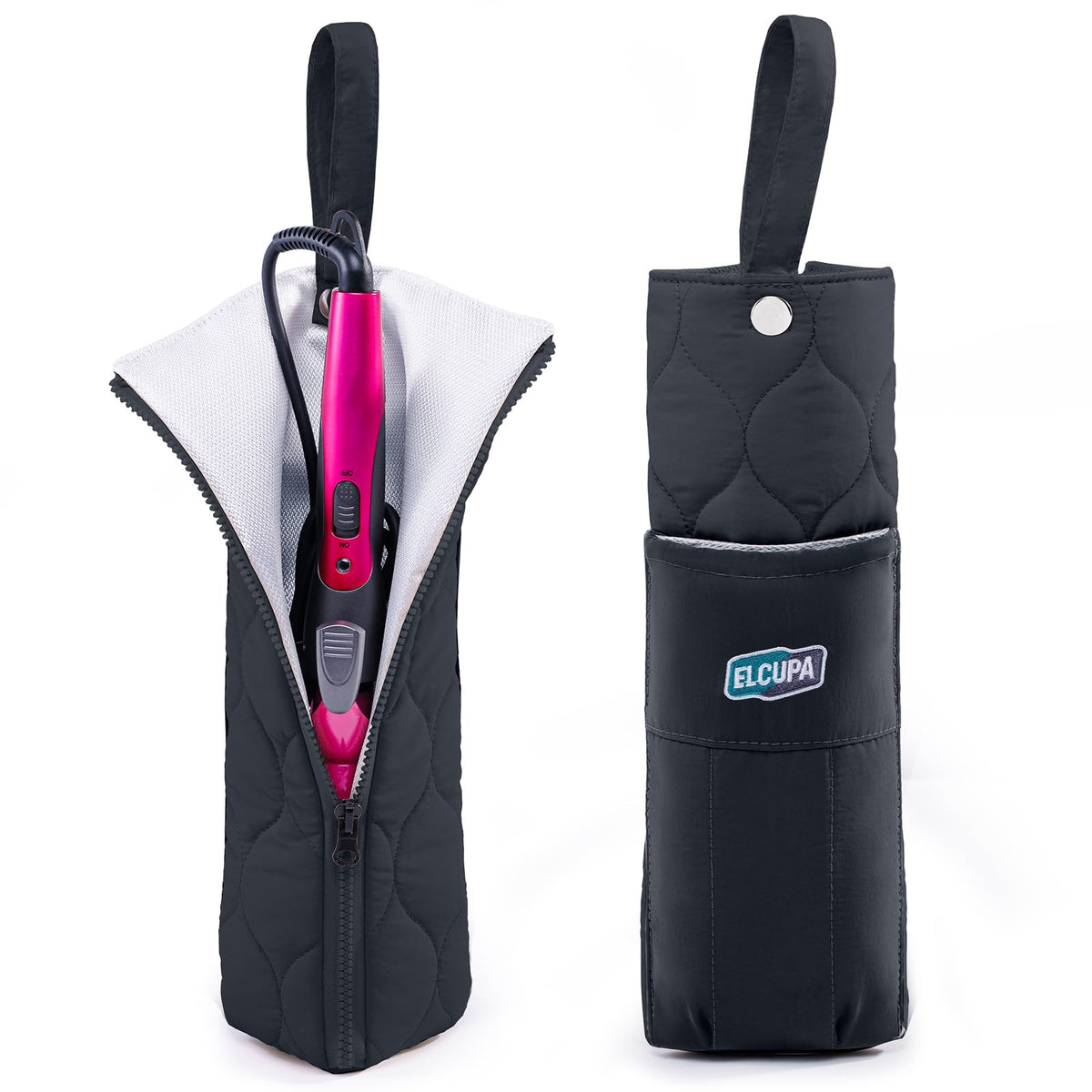 ELCUPA heat-resistant hair tool organizer bag with hanging loop keeps tools safe and accessible.