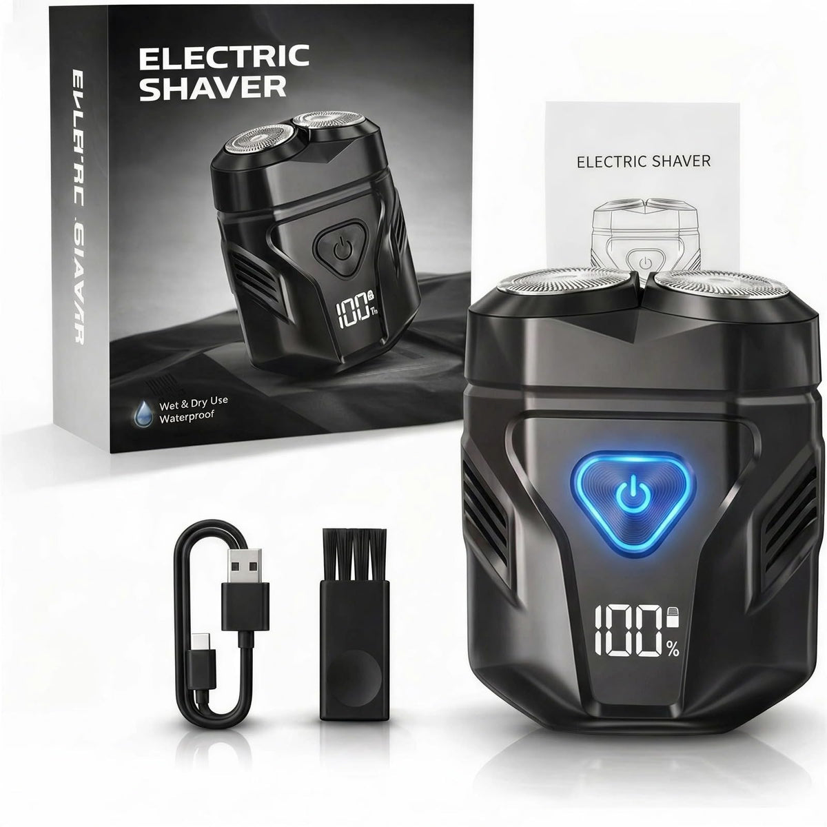 ElectaKey mini electric dual-head shaver front view, ideal travel companion for quick grooming