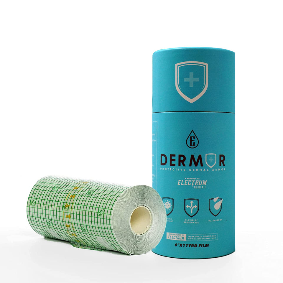 Electrum Dermor protective dermal armor tattoo bandage roll provides a waterproof shield for fresh ink.