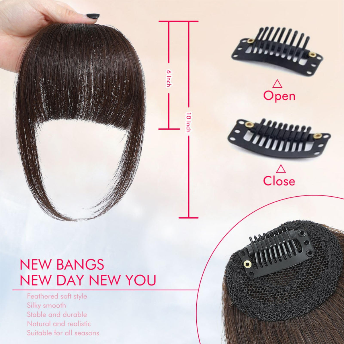ELEFOCUS clip-in bangs with invisible clip stays securely in place.