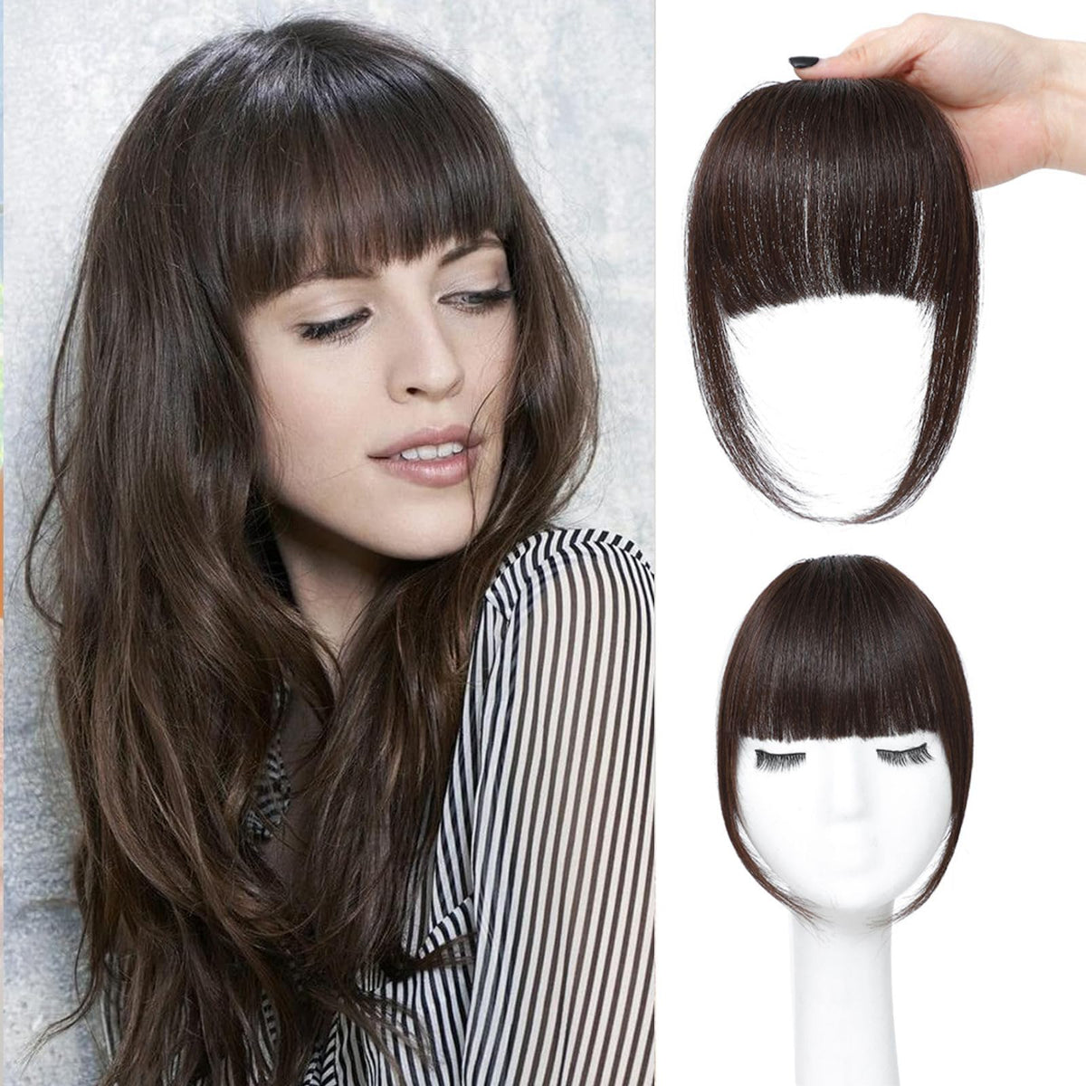 ELEFOCUS clip-in bangs with natural blend for seamless dark brown hair.