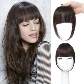 ELEFOCUS clip-in bangs with natural blend for seamless dark brown hair.