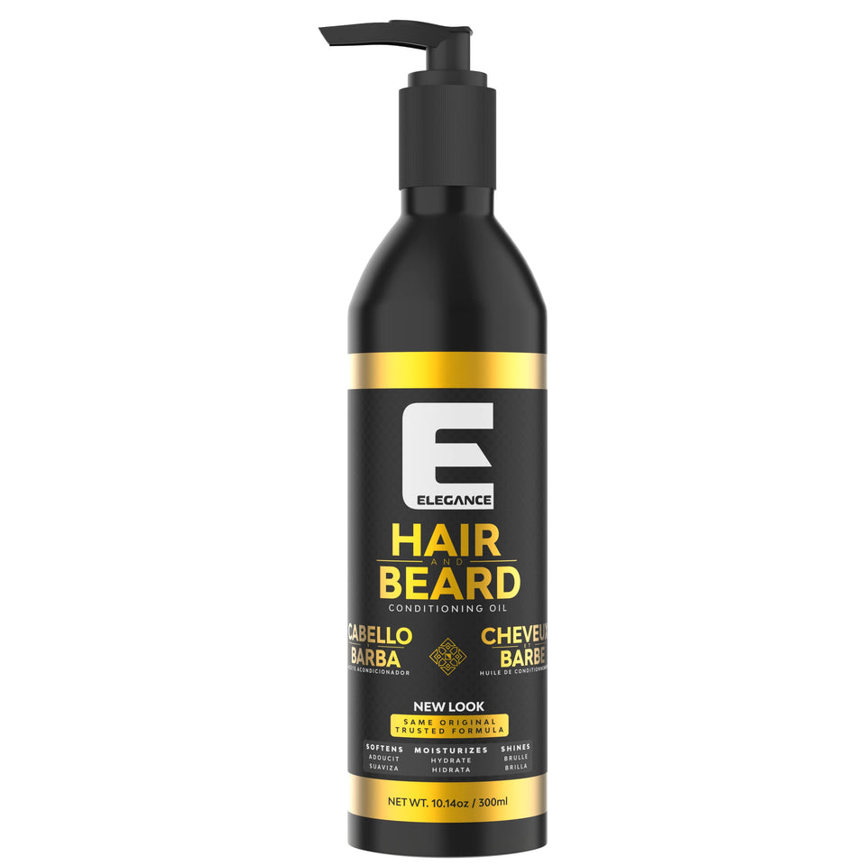 Elegance Hair and Beard Oil bottle promotes deep hydration for facial hair.