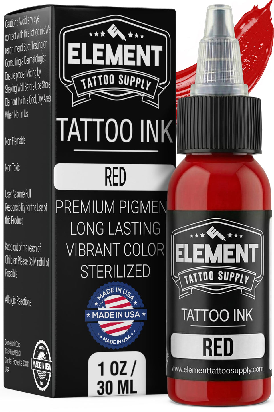Element Red tattoo ink bottle front shows bold pigment for vivid fills
