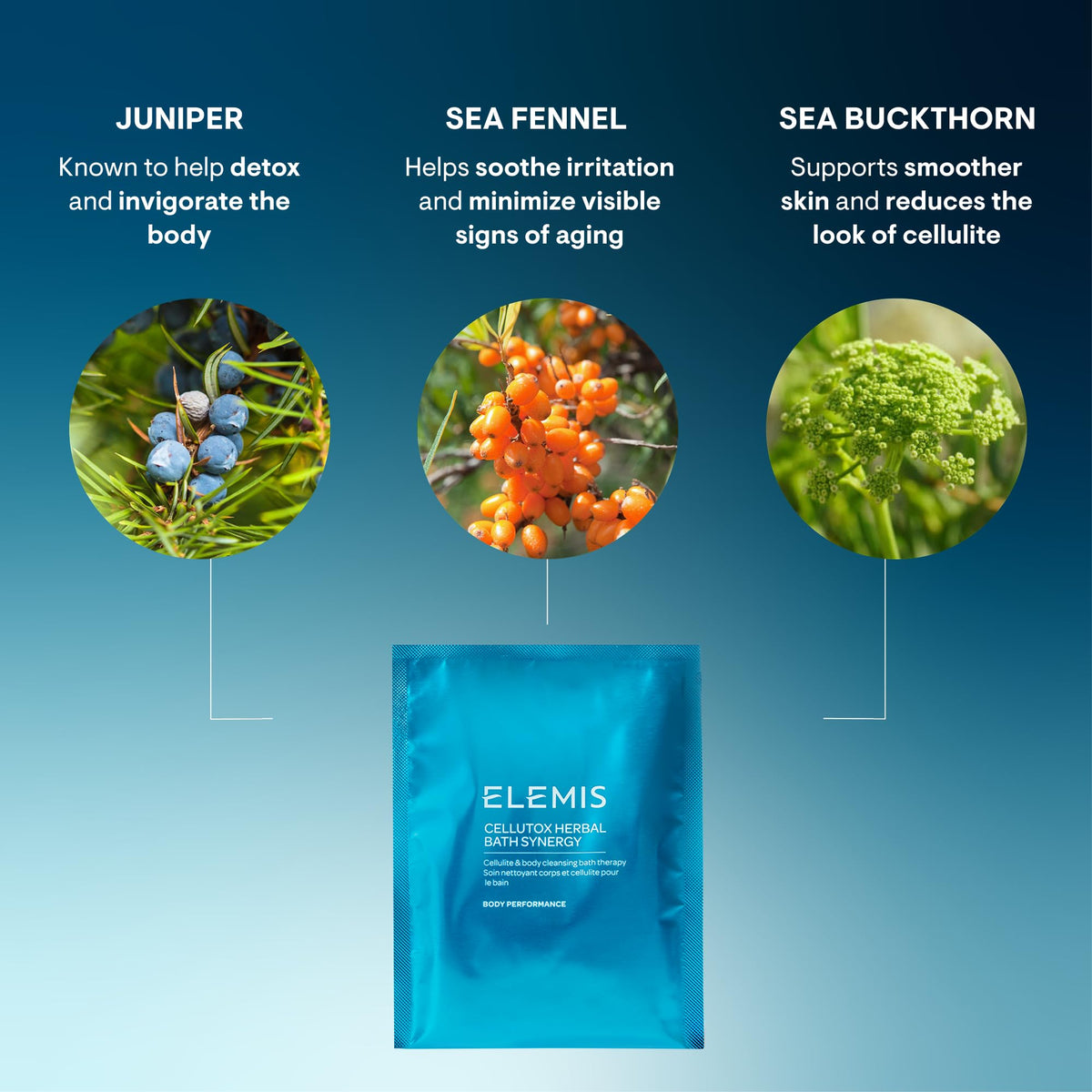 Elemis Cellutox bath sachet highlighting sea fennel in a soothing bath.