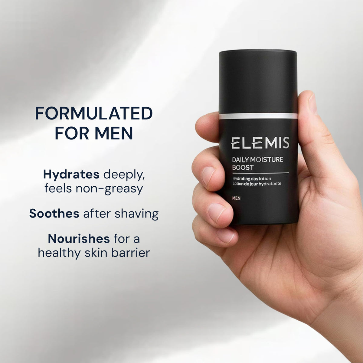 ELEMIS face close-up shows calm, balanced skin after application.