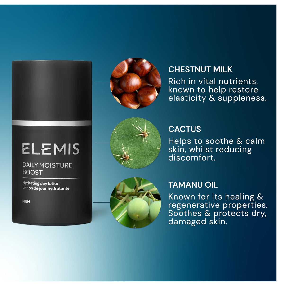 ELEMIS tamanu and cactus extracts contribute to soothing, comfortable skin.
