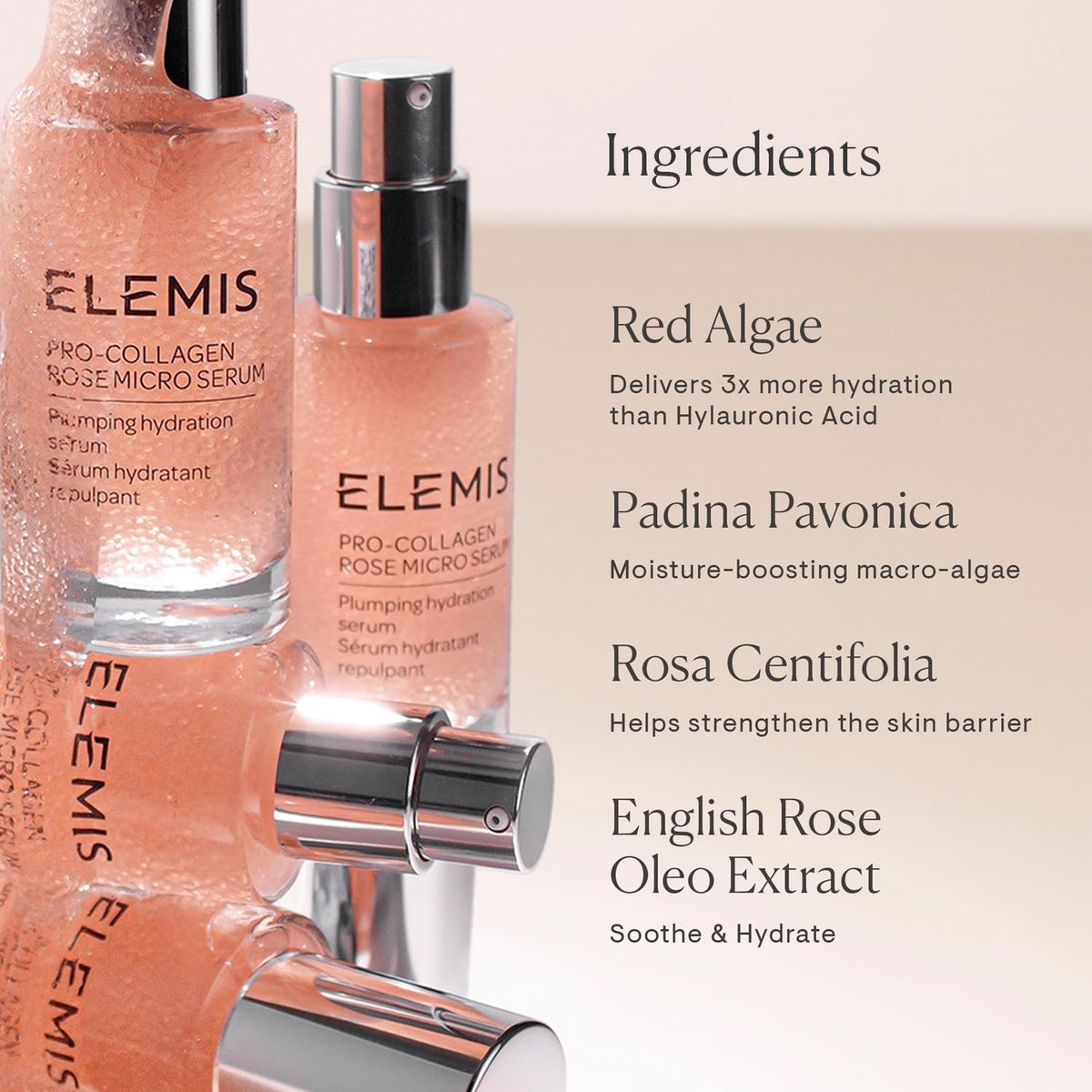 ELEMIS Pro-Collagen Rose Micro Serum texture on skin indicating lightweight nourishment.