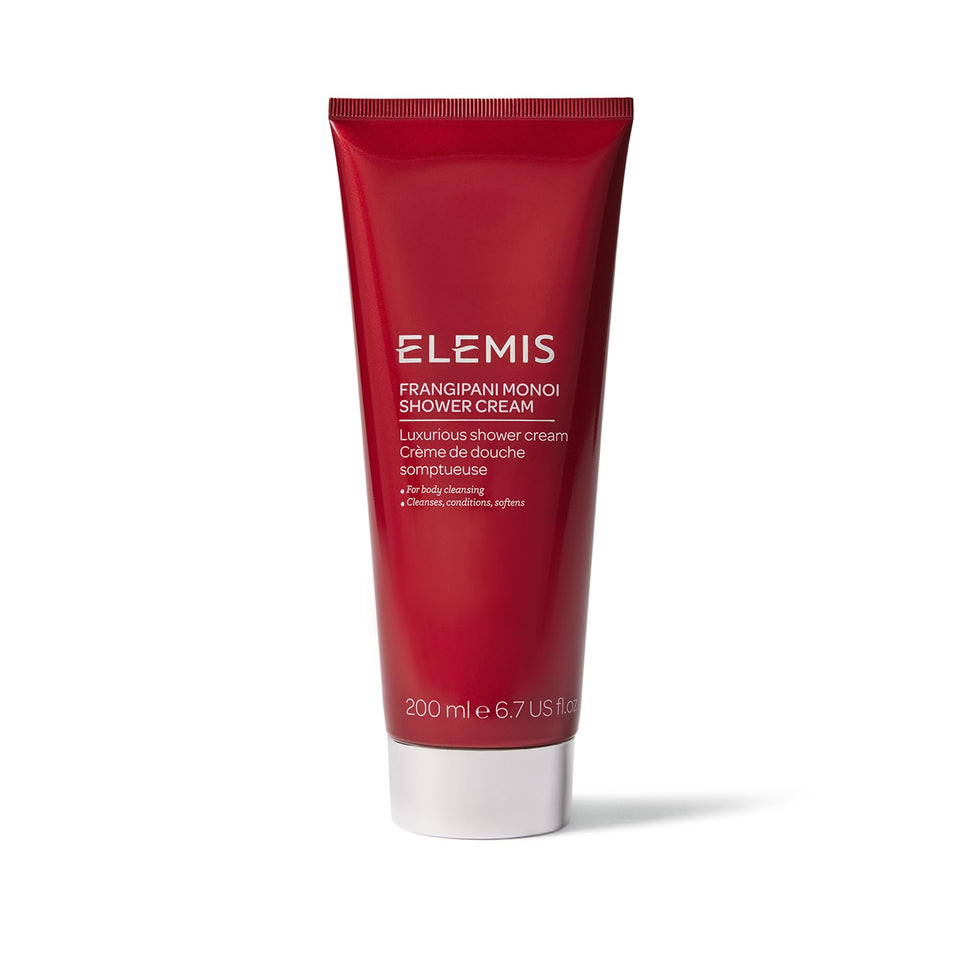 Elemis Frangipani Monoi shower cream bottle for daily hydrating cleansing.