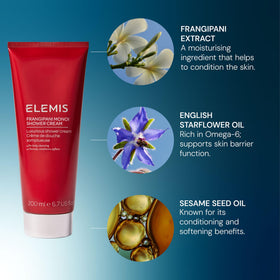Elemis shower cream bottle with cap conveys daily cleansing ritual.