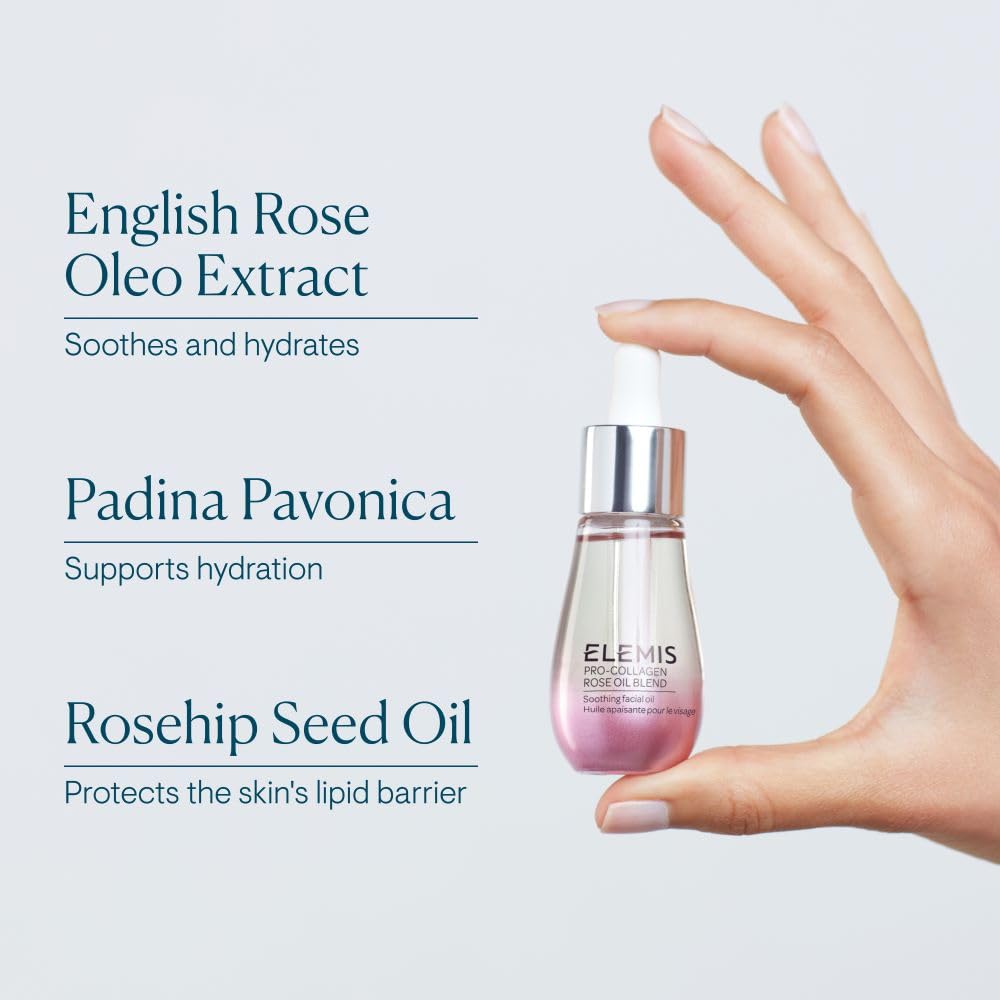 Elemis packaging closeup highlights premium design and botanical-infused oil.