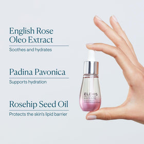 Elemis packaging closeup highlights premium design and botanical-infused oil.