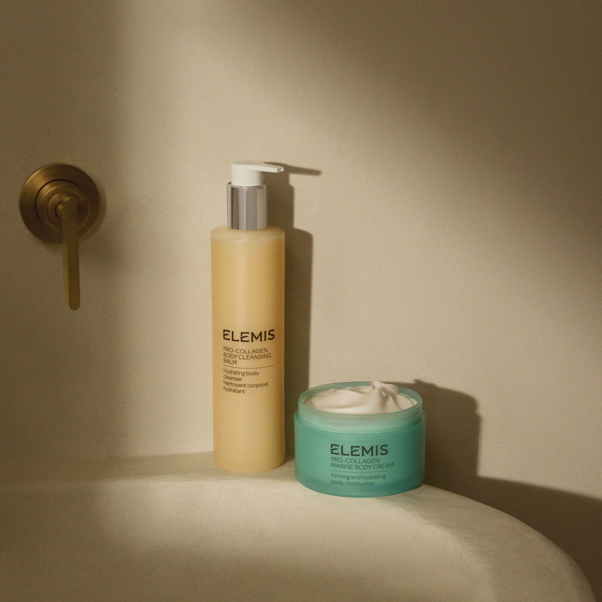 Brand-label product on countertop signaling premium skincare routine