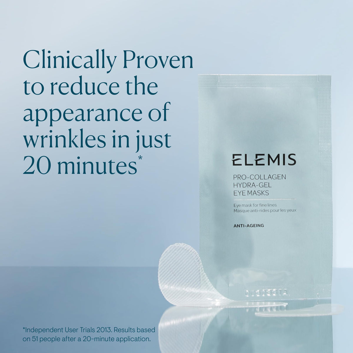 Hands applying Elemis eye mask to under-eye area for cooling treatment.