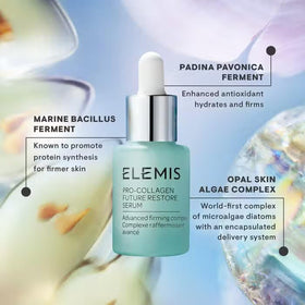 ELEMIS Pro-Collagen Future Restore Serum label detail emphasizes marine algae complex for nourishing skin